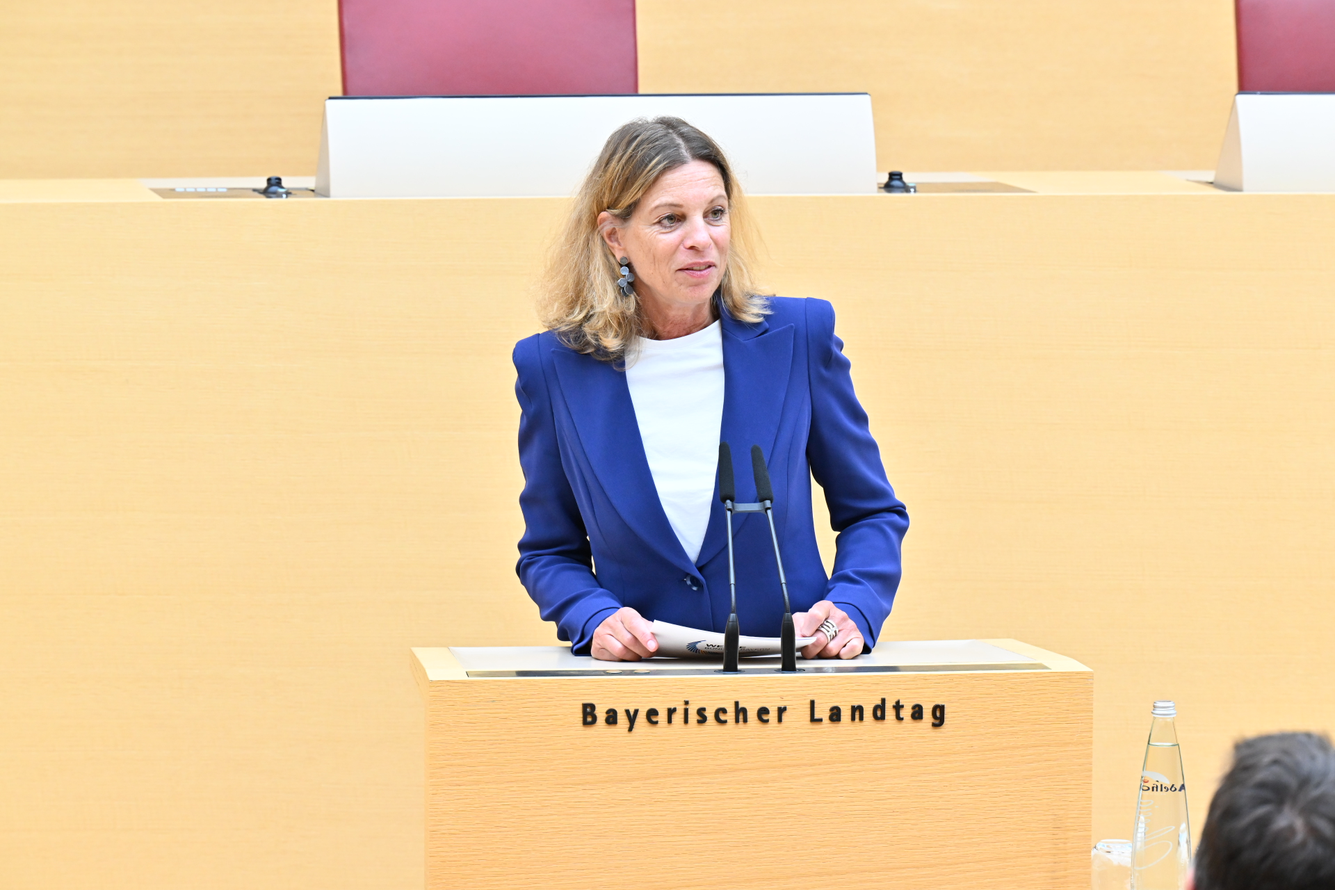 Geschäftsführerin der Stiftung Wertebündnis Bayern, Dr. Andra Taubenböck spricht zu dem gefüllten Plenarsaal dem Projekt „(D)eine Minute für die Demokratie".